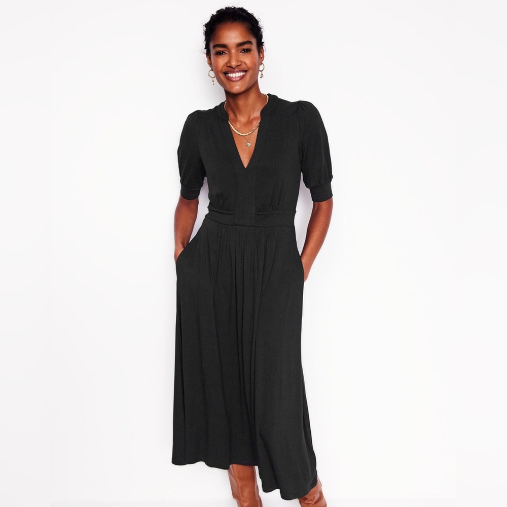 Boden Lily Jersey Midi Tea Dress Womens 8 Black Minimal Goth Drapey Flowy Resort